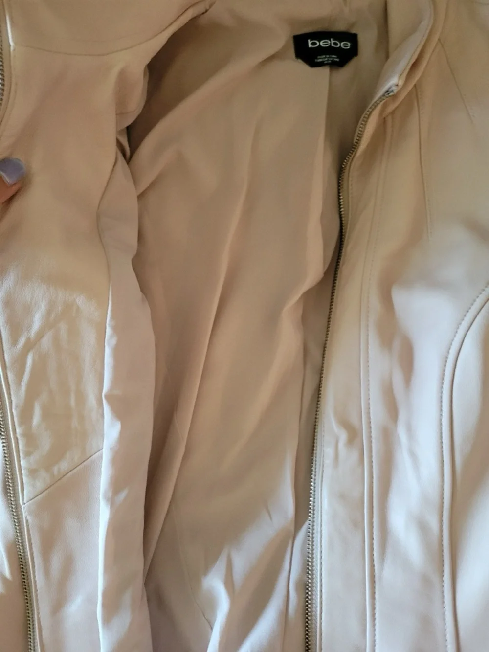 bebe Ivory/blush pink Long Sleeve Leather Zip Jacket. Sz M